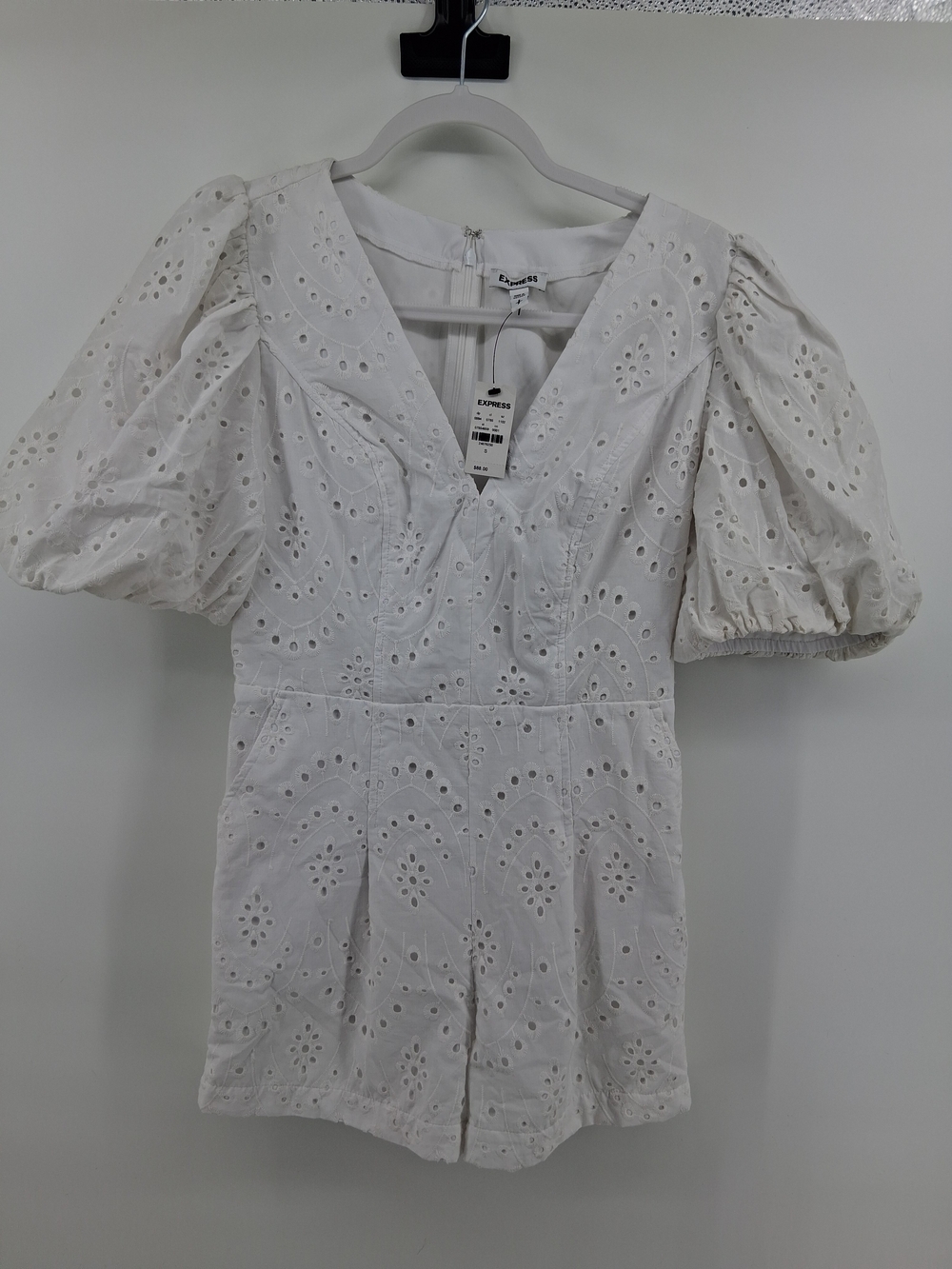 Express White Eyelet V-Neck Puff-Sleeve Romper